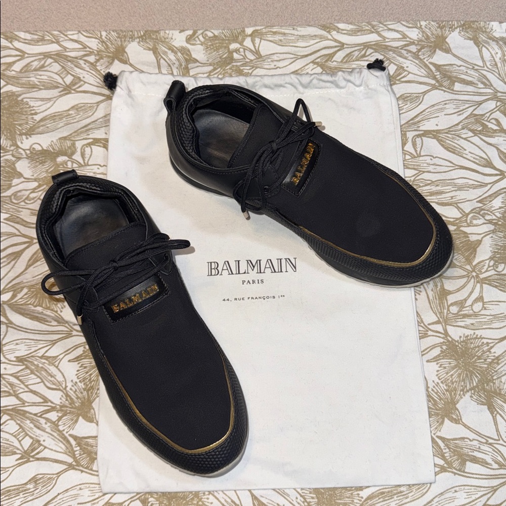 BALMAIN - DODA - LEATHER & NEOPRENE SNEAKERS, BLACK & GOLD (incl. Dustbag shown)